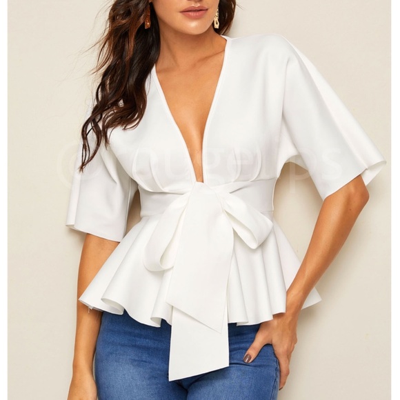 Rouge! Tops - White Peplum Top V-Neck Half Sleeve Front Ties
